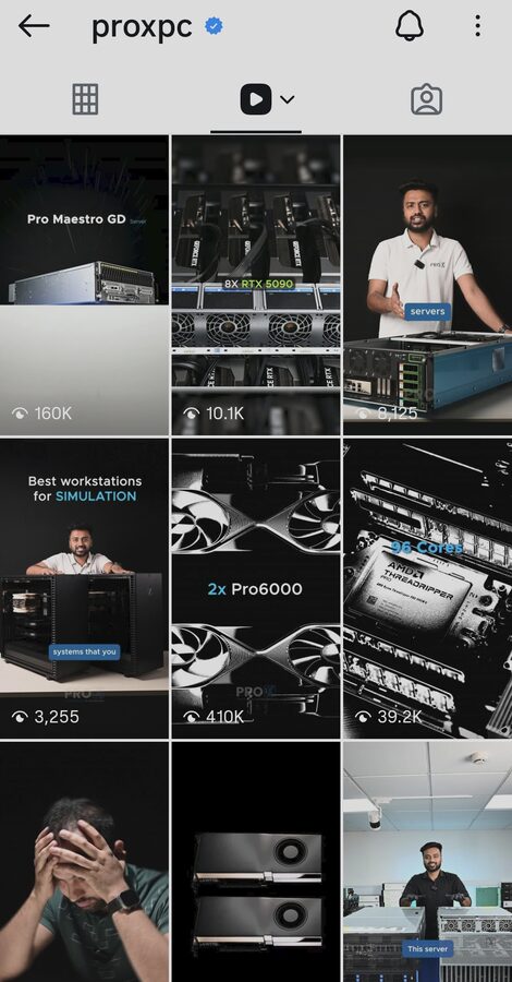 Instagram screenshot: ProX PC reels, 948K views on one reel, profile view