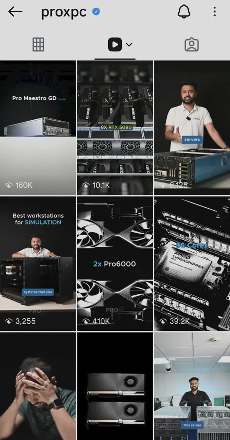 Instagram screenshot: ProX PC reels, 948K views on one reel, profile view