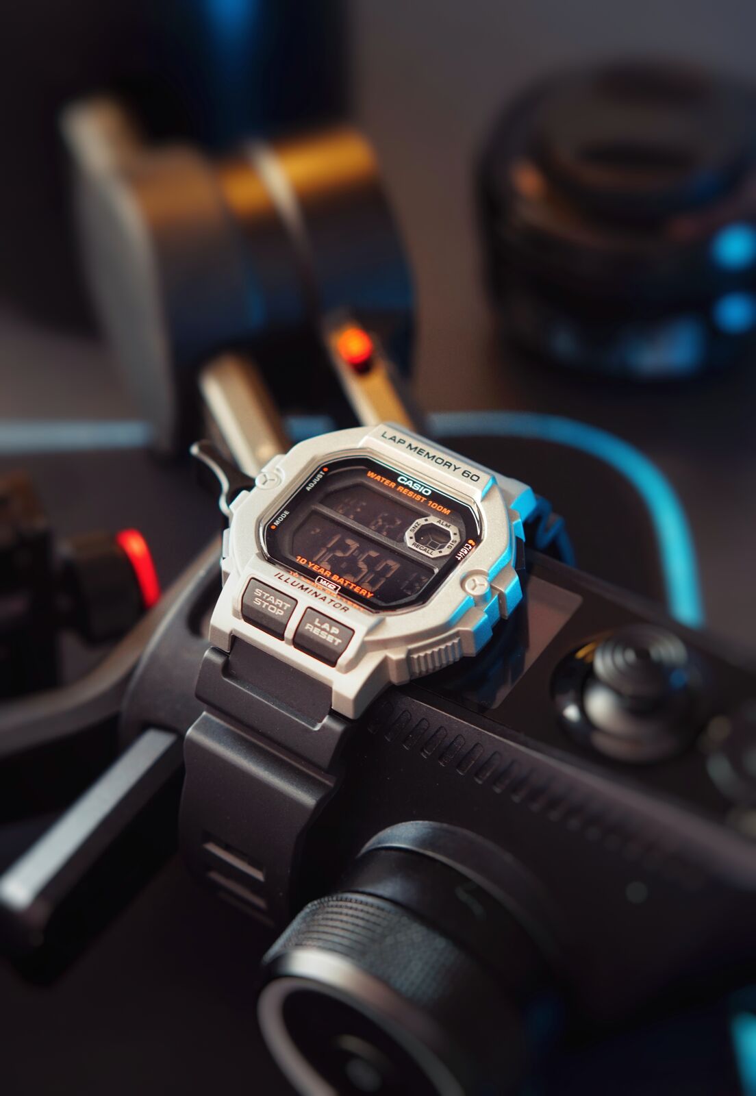 Casio G-Shock with camera gear, product shoot