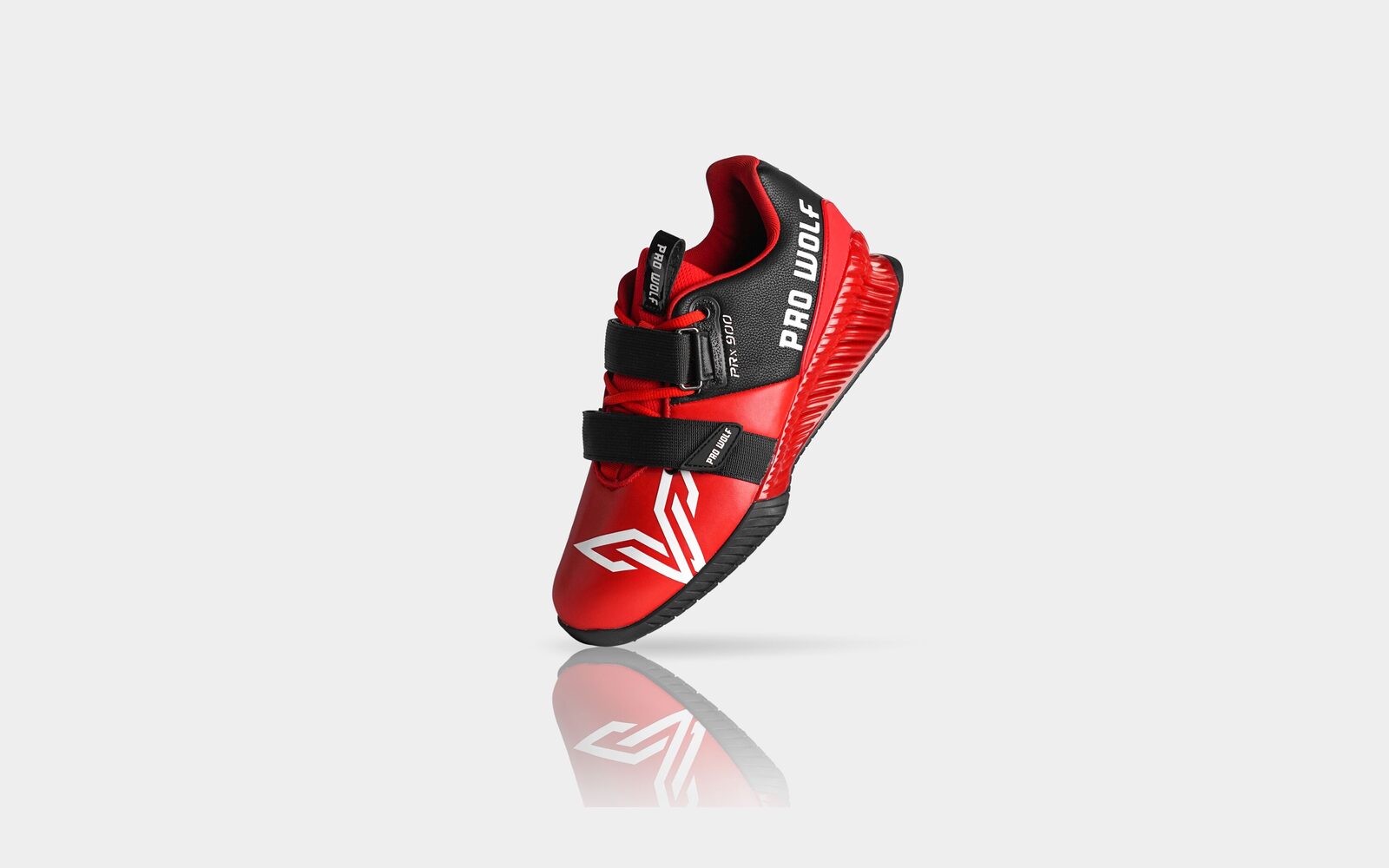 Pro Wolf lifting shoe, with a magnifier over the strap stitching
